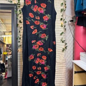 Black Maxi Slip Dress with Red and Pink Floral Cascade